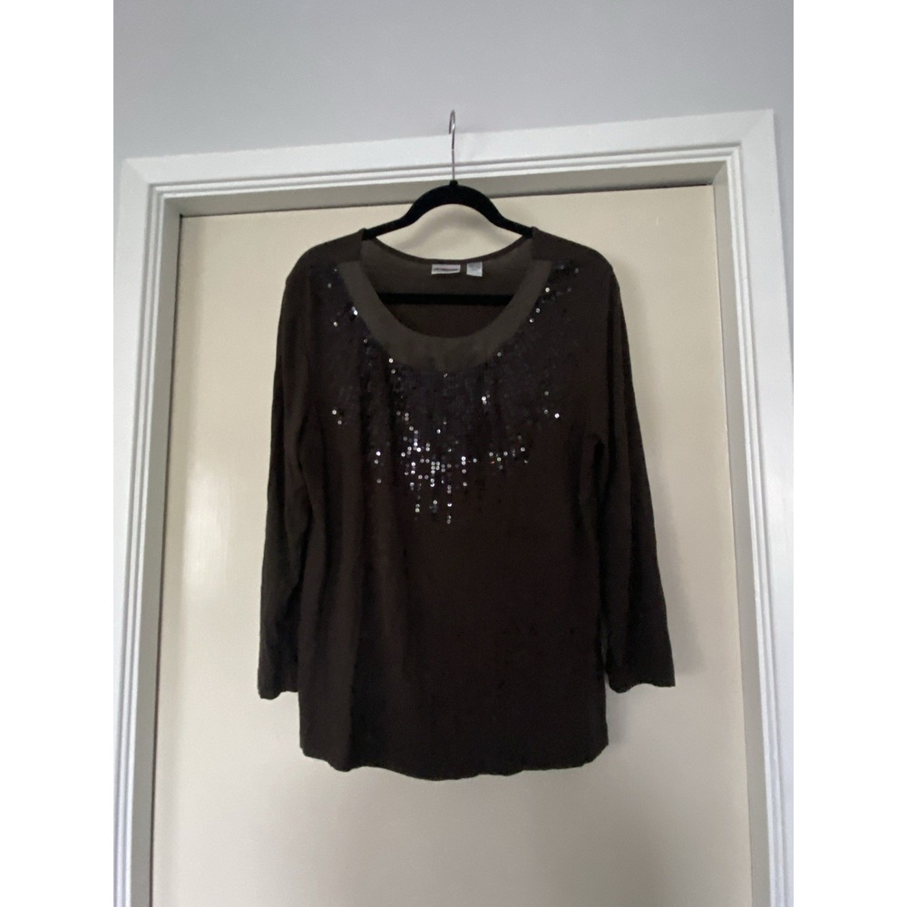 Chico's Sequin Brown Long Sleeve Top Size 2 Large Rayon Knit 3/4 Sleeve Stretch